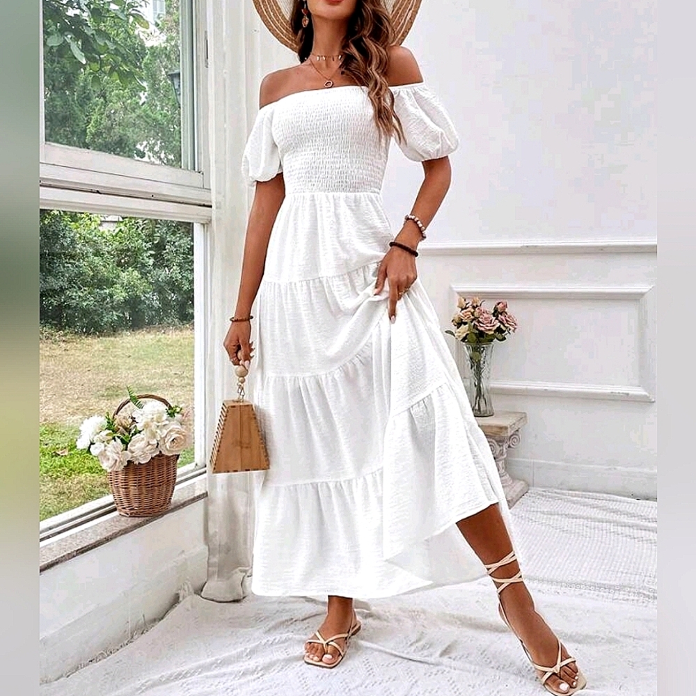 New Boho Off Shoulder Puff Sleeve Tiered Long Dress White